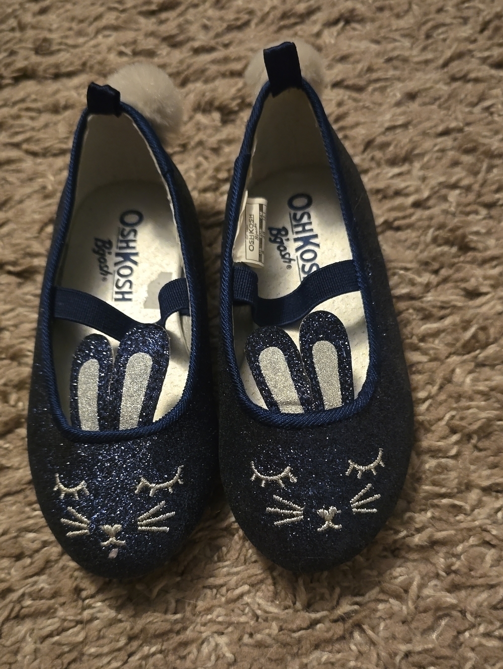 OshKosh B'gosh Navy Glitter Bunny Flats with Pom Pom